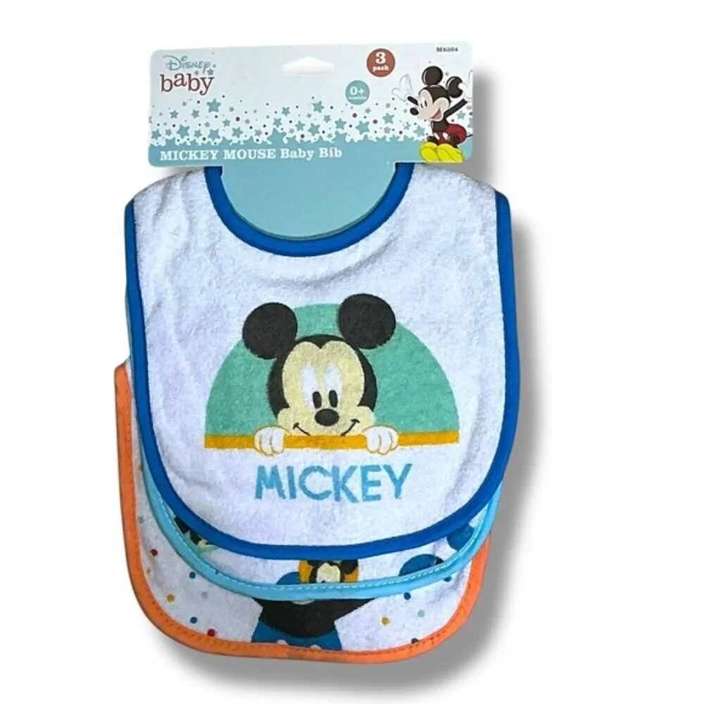 Disney Mickey Mouse Baby Bibs Absorbent Terrycloth VeIcro Closure 3 Pc 0-18 mo